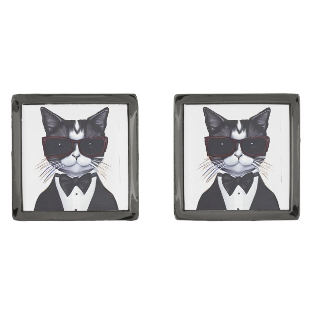 Black and White Cat in a Tuxedo and Bow Tie Cufflinks (Front)