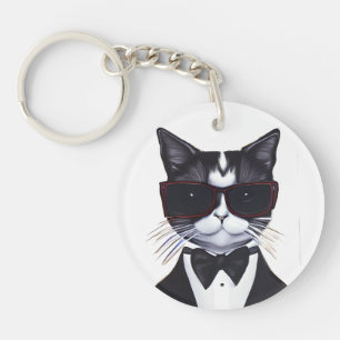 Black and White Cat in a Tuxedo and Bow Tie Keychain