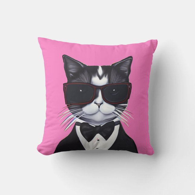 Black and White Cat in a Tuxedo and Bow Tie Kid's Throw Pillow (Front)