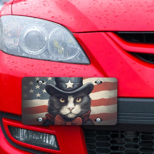 Black and White Cat in Hat with American Flag License Plate