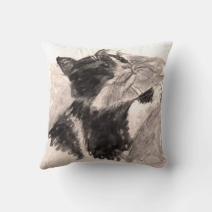 Black and White Cat Kikko SF Pencil Drawing Throw Pillow