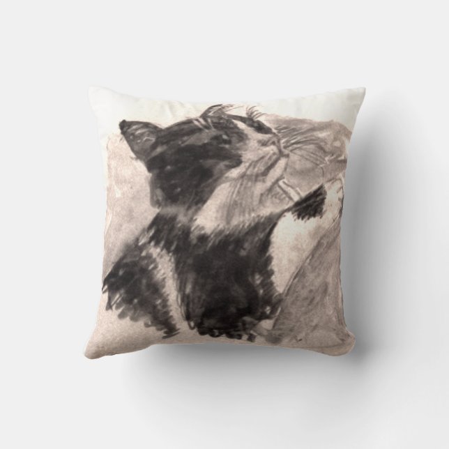 Black and White Cat Kikko SF Pencil Drawing Throw Pillow (Back)