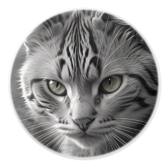 Black and White Cat Kitten Face Ceramic Knob (Front)