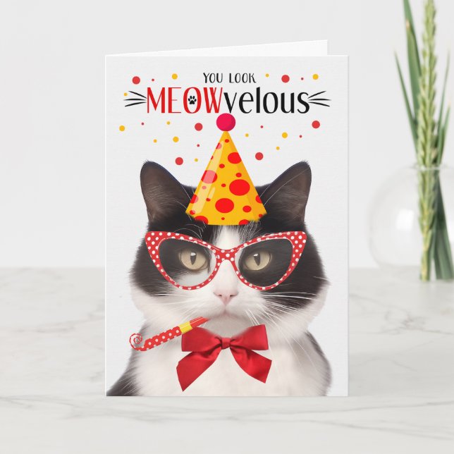 Black and White Cat MEOWvelous Birthday Card (Front)