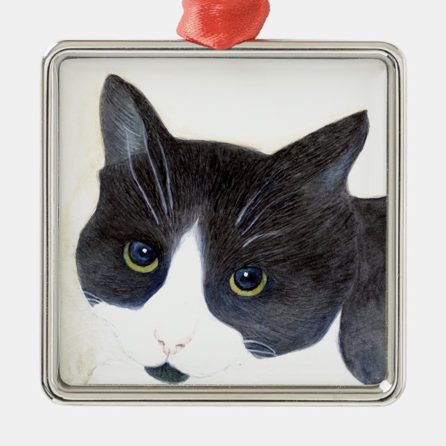 Black and White Cat Metal Ornament (Front)