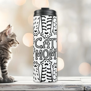 Black and white cat mom with cat paws thermal tumbler
