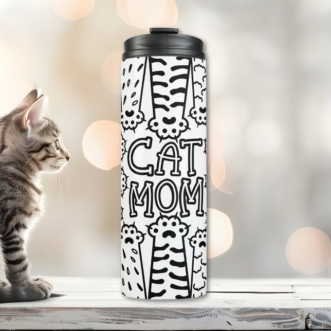 Black and white cat mom with cat paws thermal tumbler (Creator Uploaded)