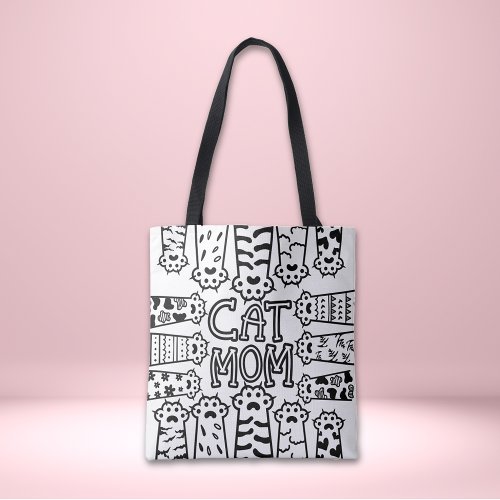 Black and white cat mom with cat paws tote bag