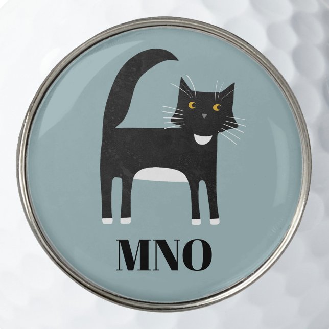 Black and White Cat Monogram Initials Personalized Golf Ball Marker (Black and white tuxedo cat personalized monogram initials golf ball markers)