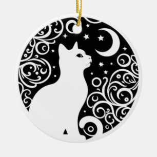 Black and White Cat Moon Window Suncatcher Ceramic Ornament
