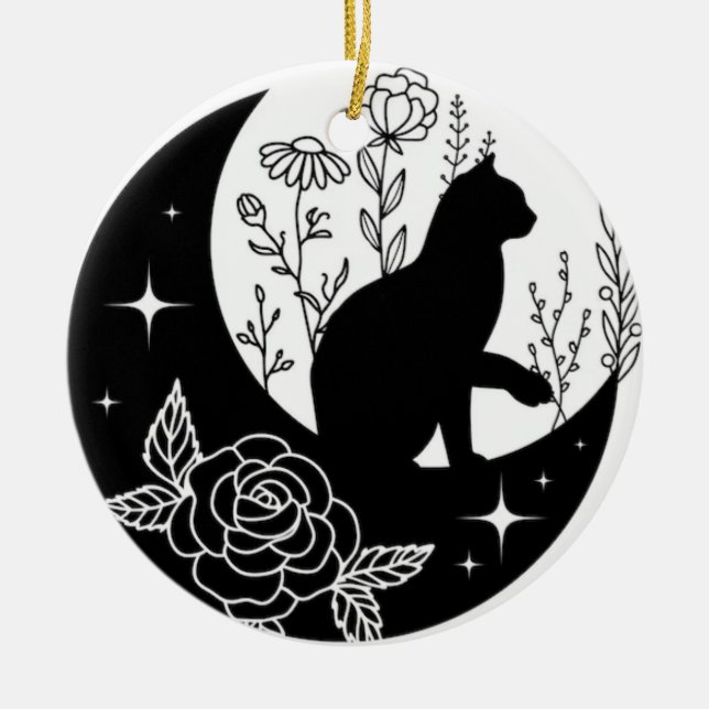 Black and White Cat Moon Window Suncatcher Ceramic Ornament (Front)