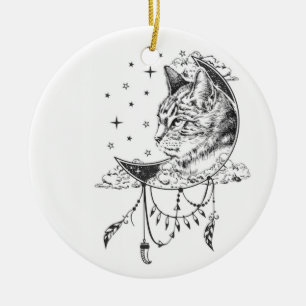 Black and White Cat Moon Window Suncatcher Ceramic Ornament