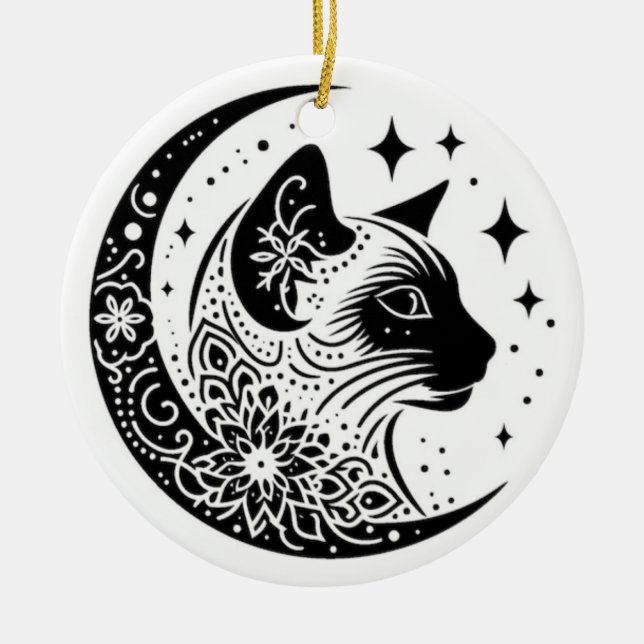 Black and White Cat Moon Window Suncatcher Ceramic Ornament (Front)