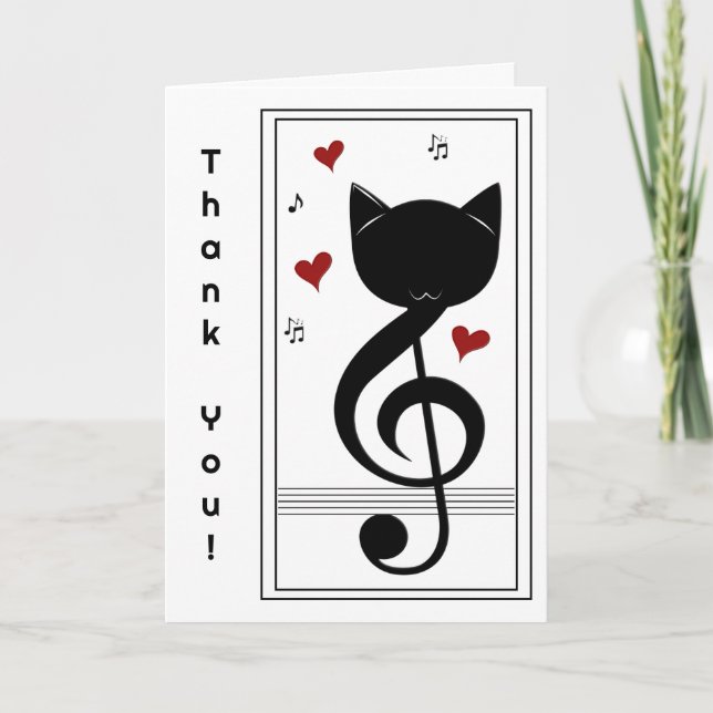 Black And White Cat Music Note Teacher Thank You Card (Front)
