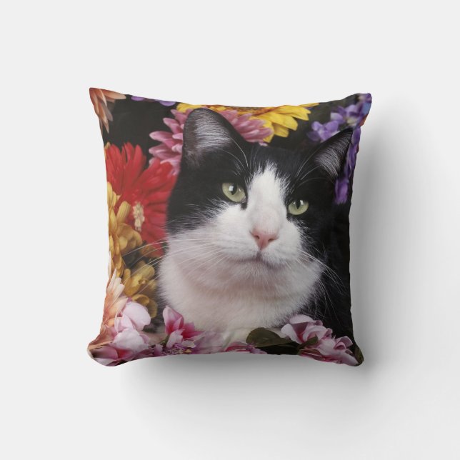 Black and White Cat on Flowers Throw Pillow (Front)