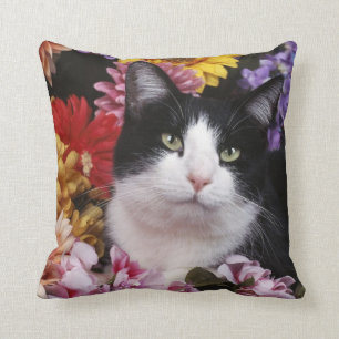 Black and White Cat on Flowers Throw Pillow