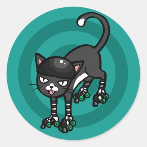 Black and white cat on Rollerskates Classic Round Sticker