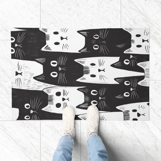 Black and White Cat Pattern Doormat – Stylish and  (Indoor)