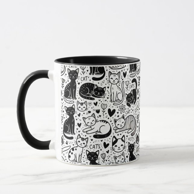 Black and White Cat Pattern Mug – Stylish & Cute (Left)