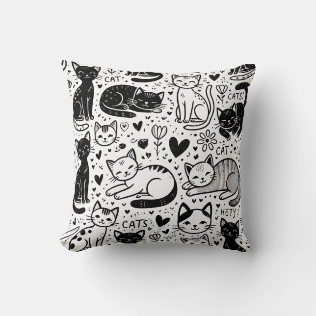 Black and White Cat Pattern Pillow Cozy & Stylish (Front)