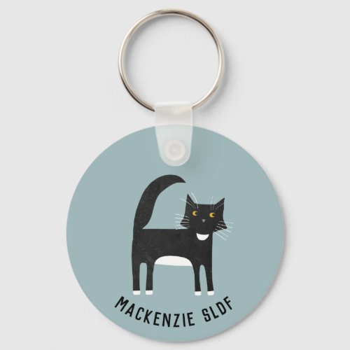 Black and White Cat Personalized Keychain