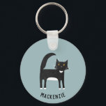 Black and White Cat Personalized Keychain<br><div class="desc">Cute black and white tuxedo cat on a duck egg blue background,  perfect for animal and pet lovers. Change the name to personalize. 
 Original art by Nic Squirrell.</div>