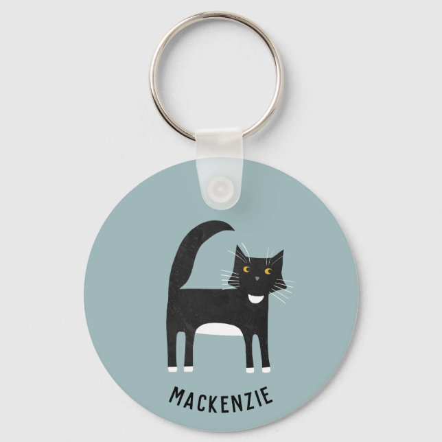 Black and White Cat Personalized Keychain (Front)