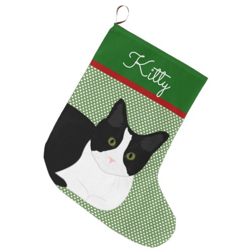 Black And White Cat Personalized Large Christmas Stocking