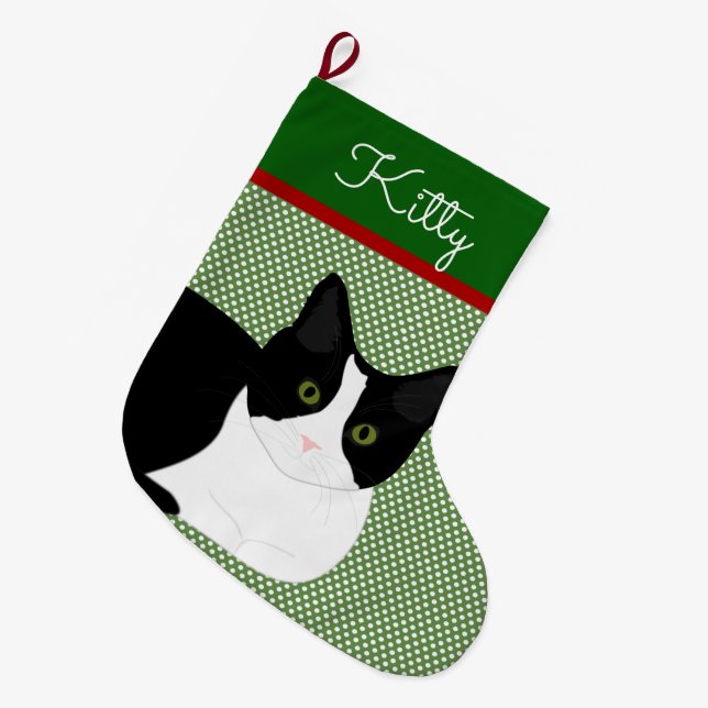Black And White Cat Personalized Large Christmas Stocking (Front (Hanging))