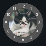 Black and white cat Personalized Large Clock<br><div class="desc">Cute personalized black and white cat with gray border round wall clock.</div>