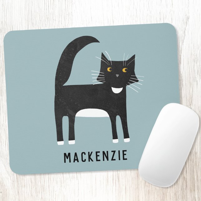 Black and White Cat Personalized Mouse Pad (Black and white tuxedo cat personalized name mousemat)