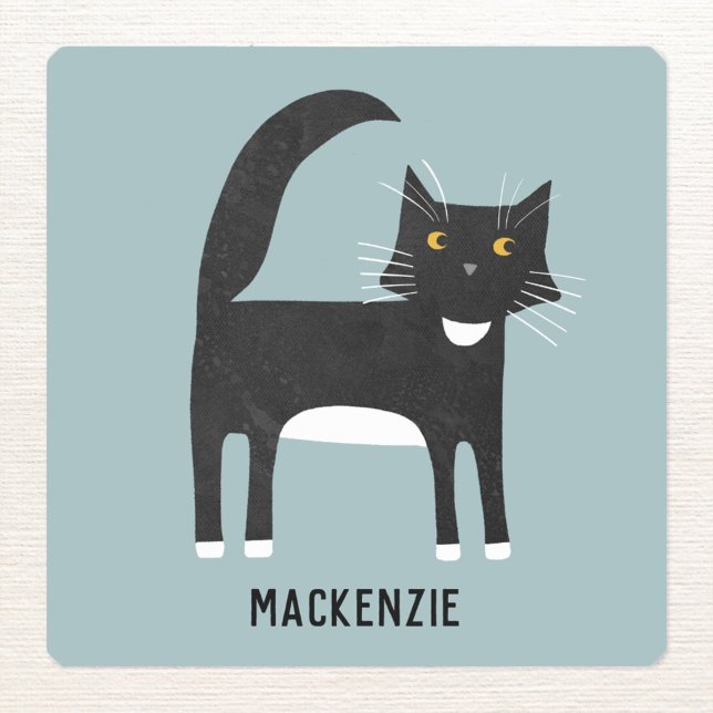 Black and White Cat Personalized Square Sticker (Black and white tuxedo cat personalized fun sticker)