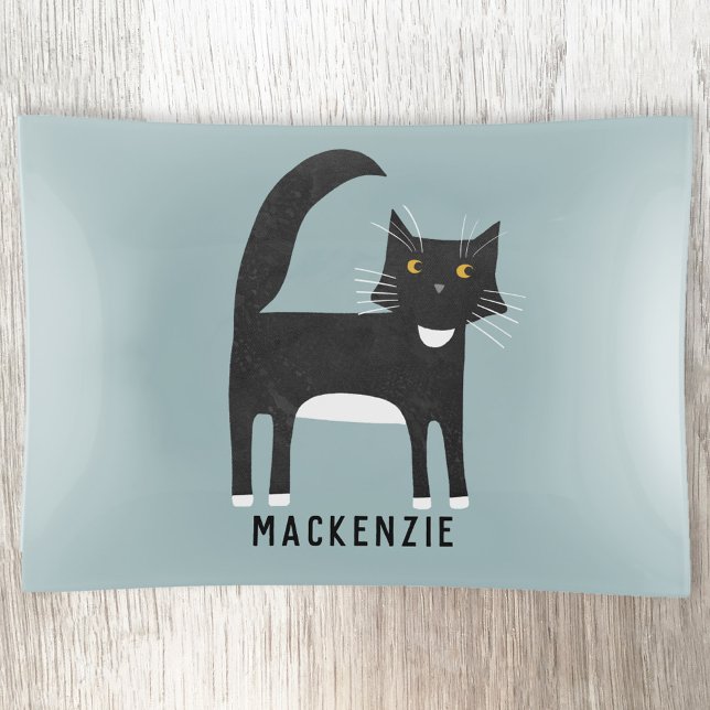 Black and White Cat Personalized Trinket Tray (Black and white tuxedo cat personalized custom name trinket tray)