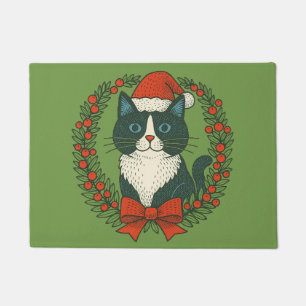 Black and White Cat, Santa Christmas Doormat