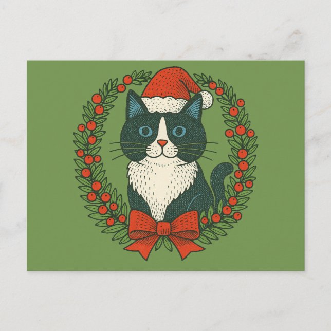 Black and White Cat, Santa Christmas               Holiday Postcard (Front)