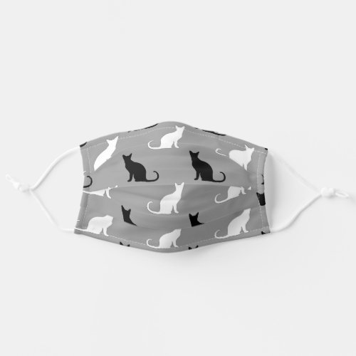 Black And White Cat Silhouettes On Gray Background Adult Cloth Face Mask