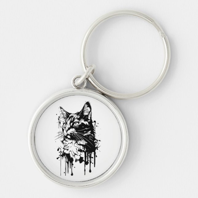 Black and White Cat Splash  Keychain (Front)