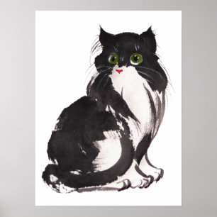 Black and white cat sumie watercolor & ink paintin poster