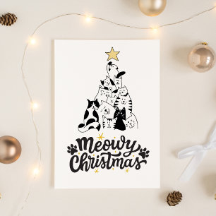 Black and White Cat tree Meowy Christmas Holiday Postcard