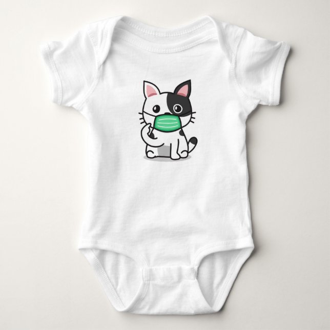 BLACK AND WHITE CAT WEARING MASK BABY BODYSUIT (Front)
