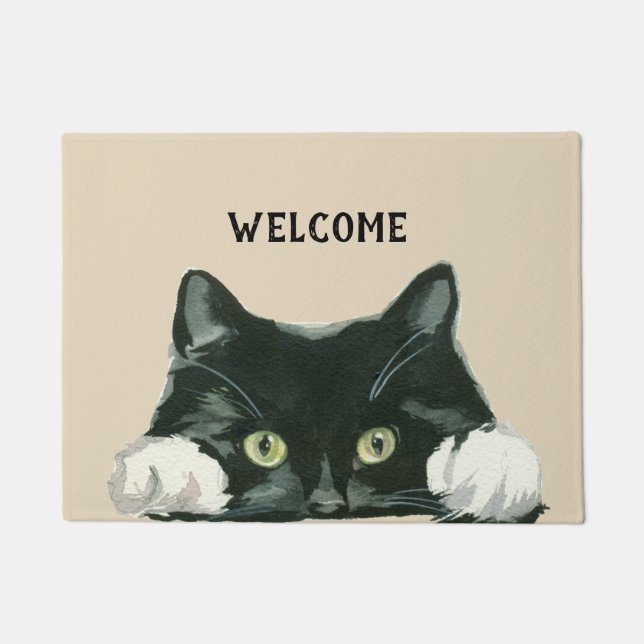 black and white cat welcome doormat (Front)