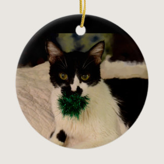 Black and White Cat with ball ornament