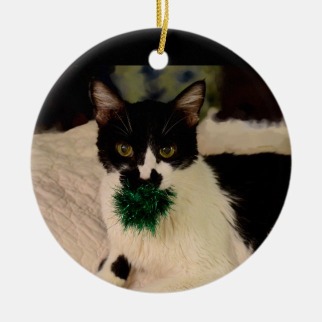 Black and White Cat with ball ornament (Front)