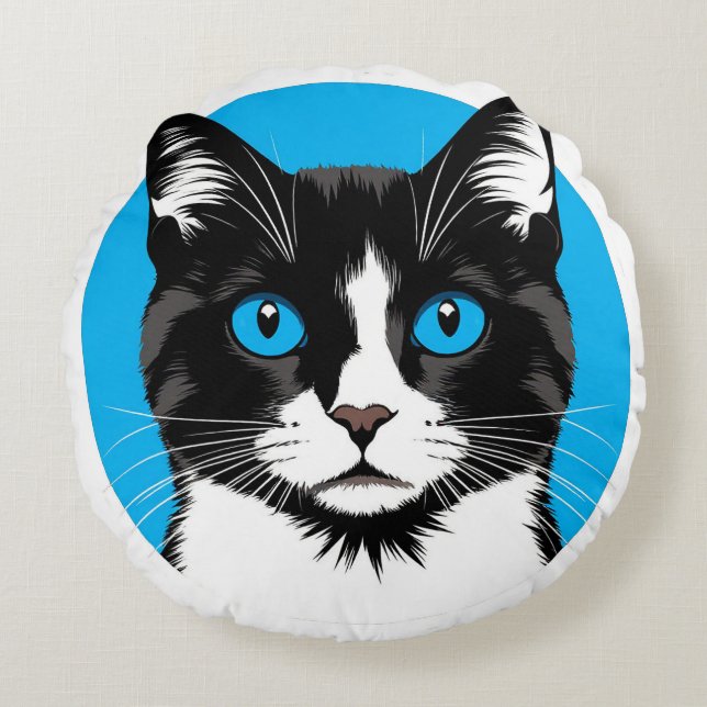 Black and White Cat with Blue Eyes Round Pillow (Front)