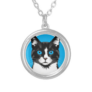 Black and White Cat with Blue Eyes Silver Plated Necklace