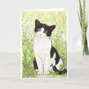 Black and White cat with daisies Card