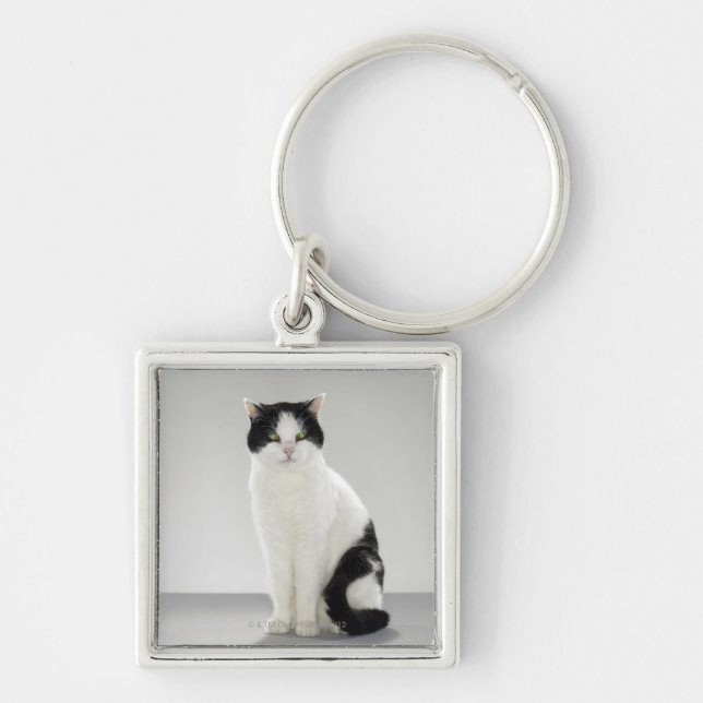 Black and white cat with glowing green eyes keychain (Front)