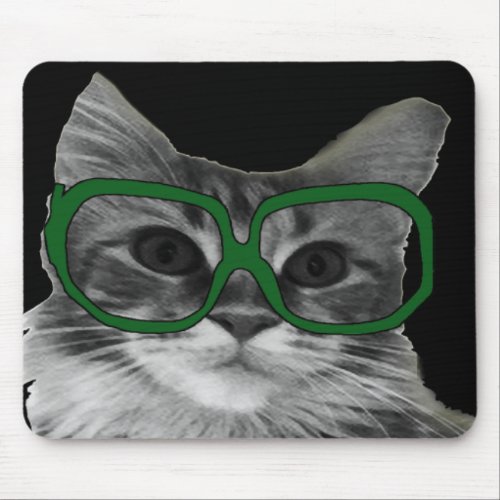 Black and white cat with green glasses mouse pad