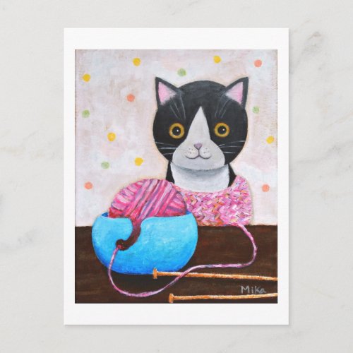 Black and White Cat with knitting needles and yarn Postcard
