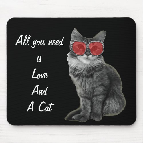 Black and white cat with red glasses mouse pad